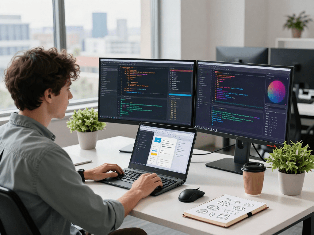 Développeur utilisant Atlas pro ontv sur plusieurs écrans dans un bureau moderne.