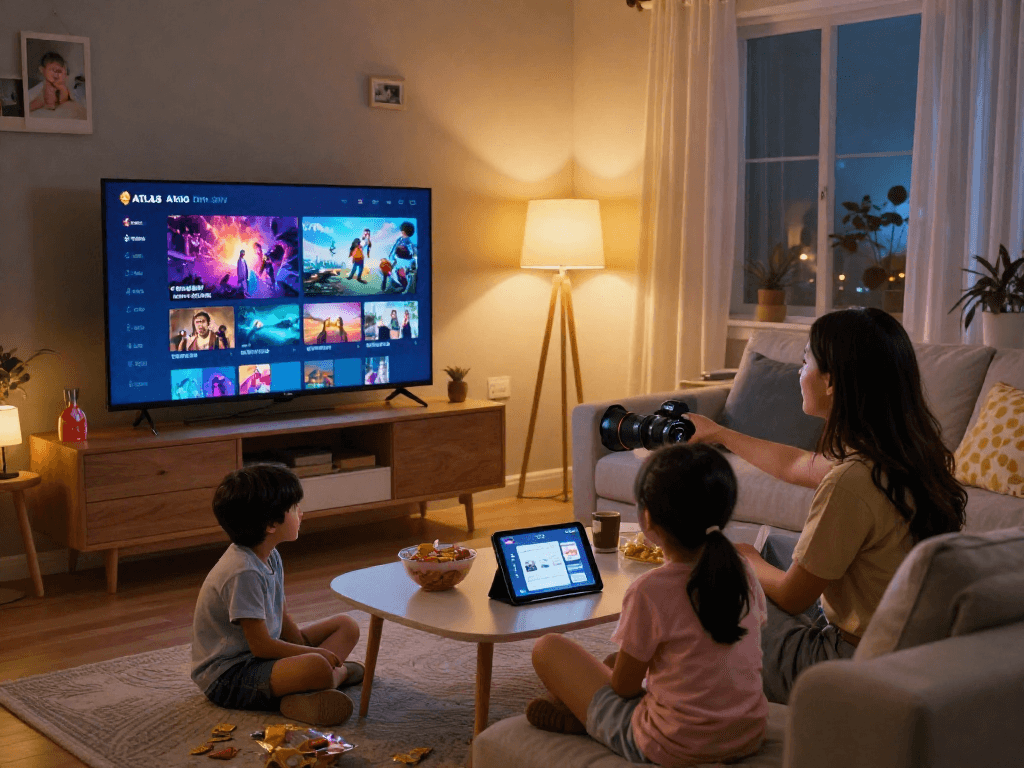 Soirée cinéma en famille avec Atlas pro ontv, ambiance cosy et téléviseur affichant des films.