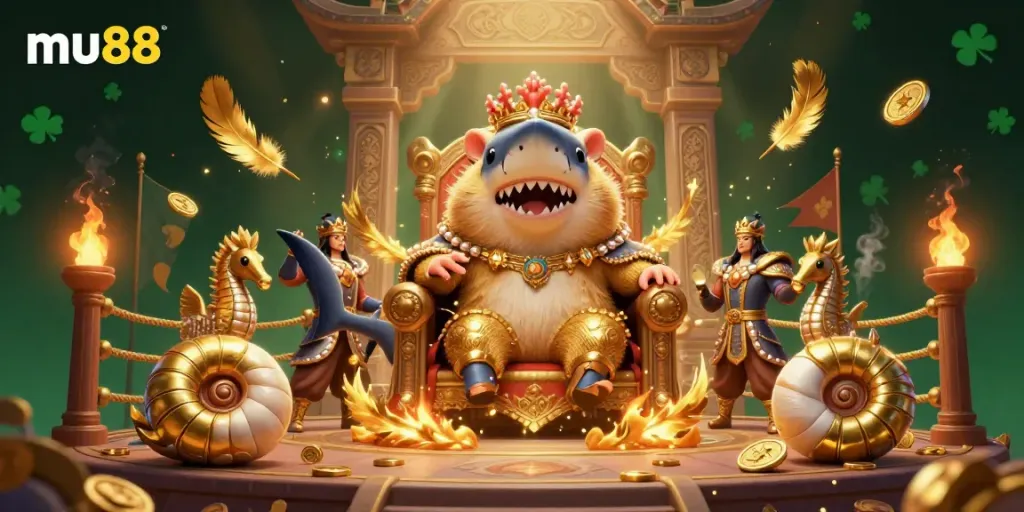 Experience the excitement of mu88 with the golden hamster king in a vibrant casino throne scene.