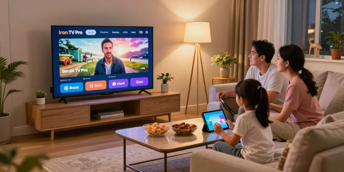 Famille profitant d'une soirée cinéma avec Iron TV Pro en 4K.