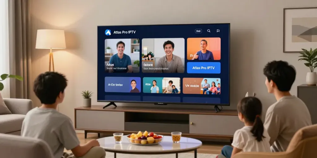 Expérience de divertissement à domicile avec atlas pro iptv sur grand écran TV dans un salon moderne.