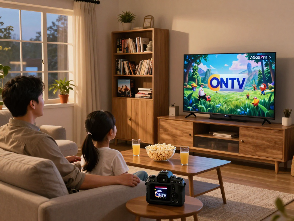 La famille profitant d'Atlas Pro ONTV dans un salon confortable avec une télévision intelligente