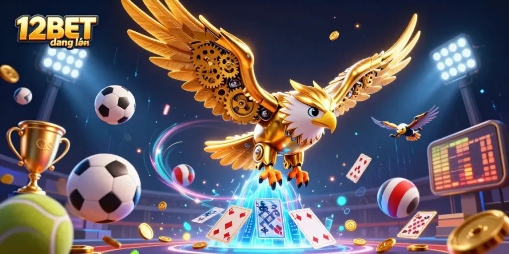 Experience exciting wins with 12BET đăng nhập in an ultra-detailed 3D casino scene filled with sports elements.