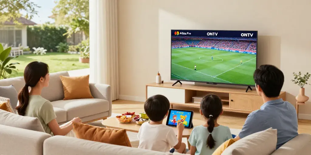 Famille regardant Atlas Pro sur un Smart TV dans un salon moderne, ambiance chaleureuse.