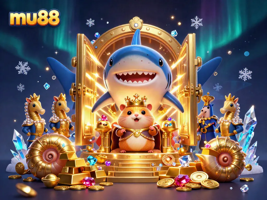 Experience the exciting world of mu88 with a cartoon-style illustration of a golden hamster king and treasure.