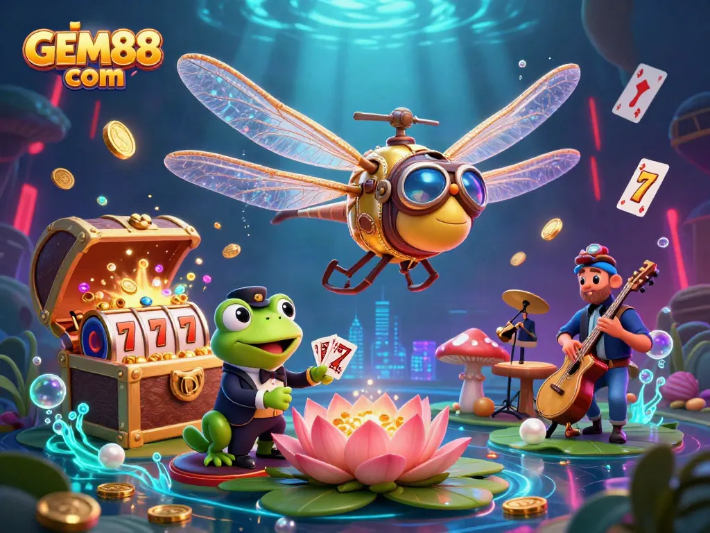 Engage with GEM88 com as the dragonfly pilot navigates a vibrant casino scene full of slots and treasures.