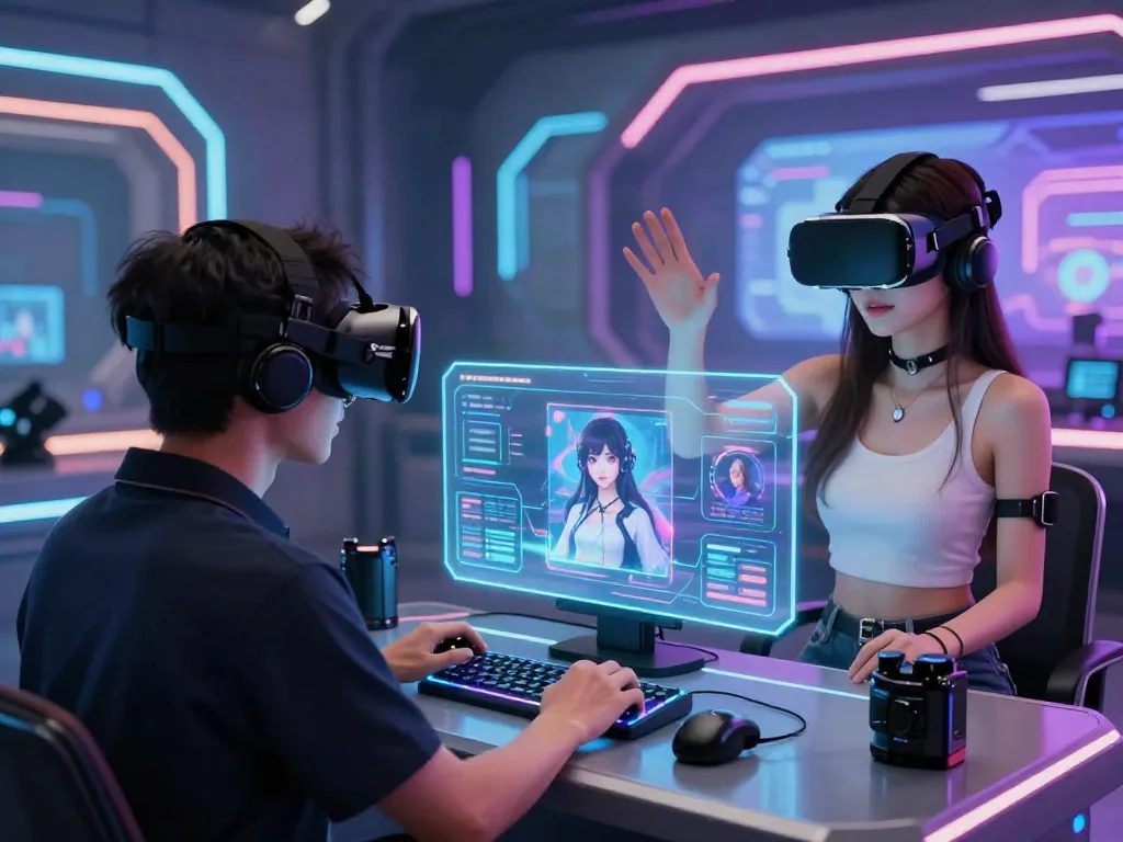 Vibrant scene of a user engaging with futa AI avatars in a dynamic virtual reality setup