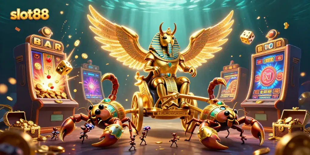 Experience thrilling slot88 action with a golden beetle and jackpot explosion in vibrant illustration.