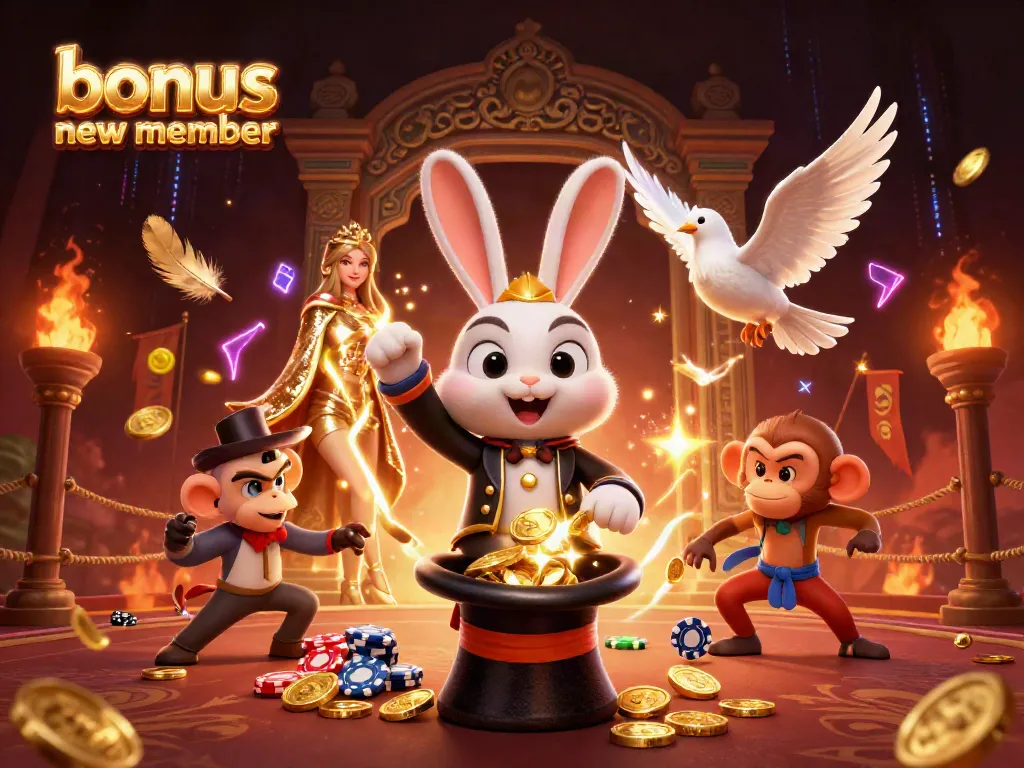 Engage in thrilling gaming with bonus new member offers featuring a magician rabbit and sparkling coins.