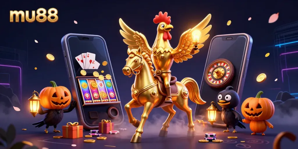 Experience the thrill of gambling at mu88, where a golden rooster leads a vibrant midnight casino.