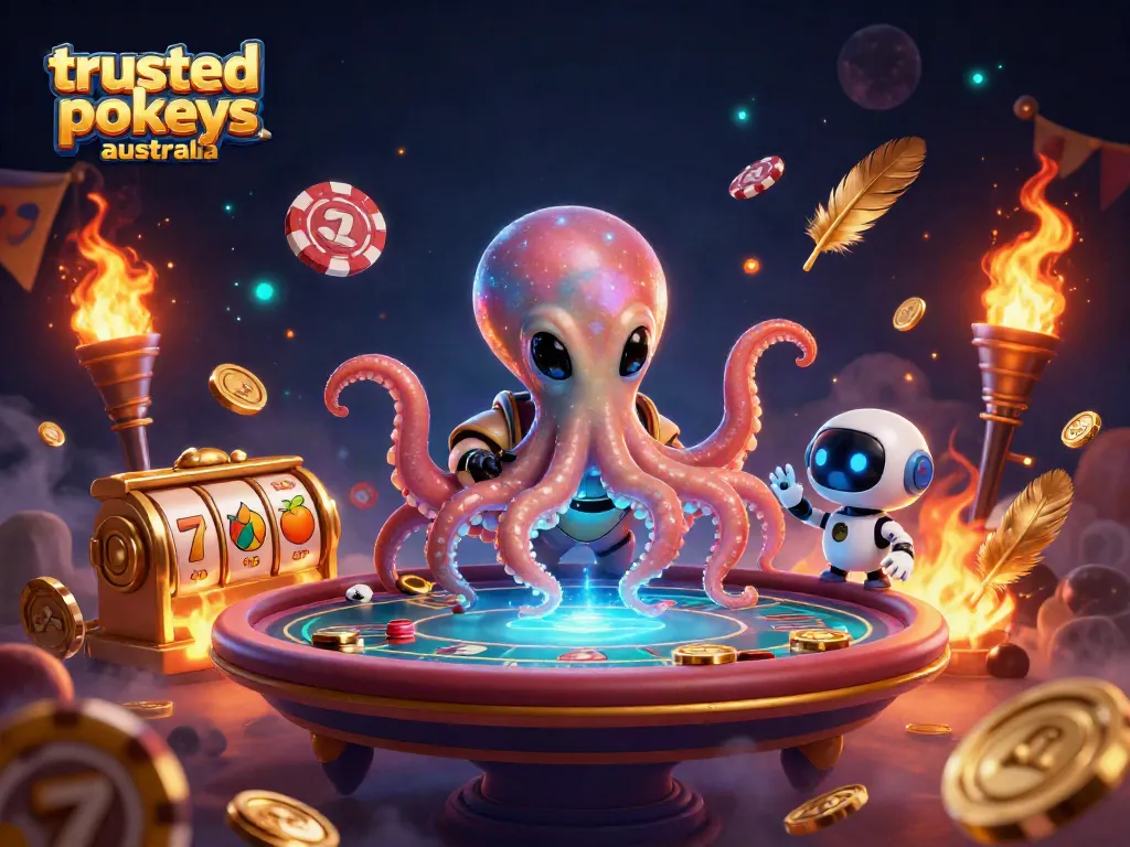 Engage with trusted online pokies Australia featuring alien octopus and holographic poker scene.