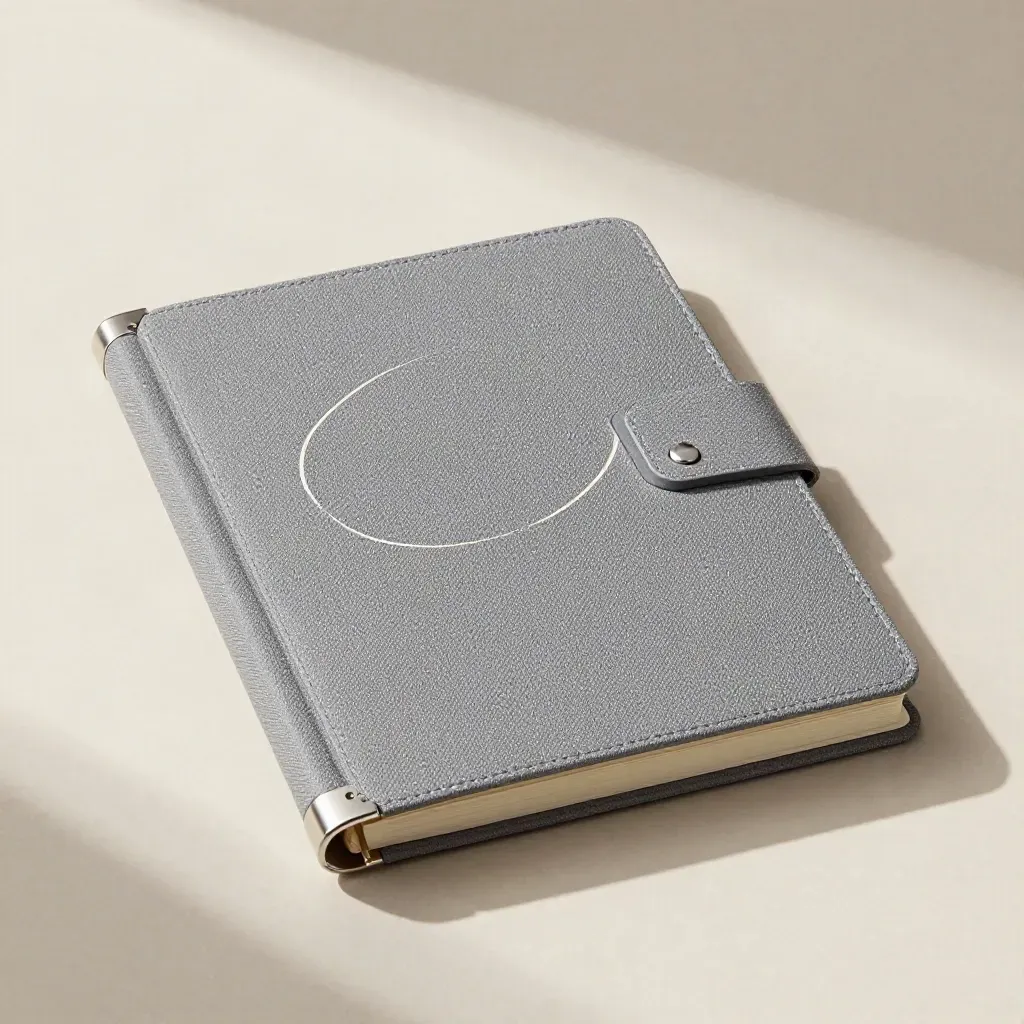 Dossier graphite flottant avec inserts crème sur fond pierre pâle, composition d’audit premium.