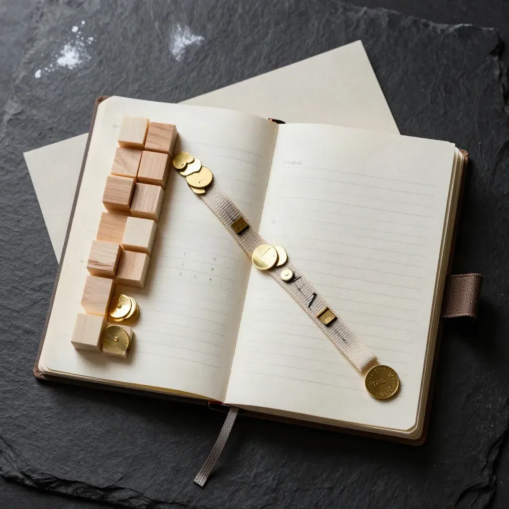 Carnet accordéon, jetons laiton et cubes bois clair sur fond sombre.