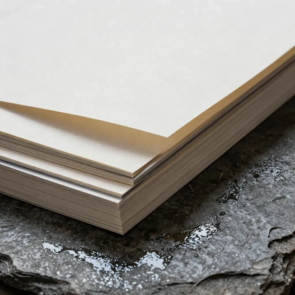 Portfolio souple sur pierre mouillée, cartes pliées et échantillons papier en lumière froide.