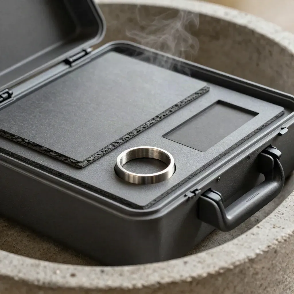 Kit d’audit opérationnel en étui rigide gris ardoise posé dans du béton brut, vapeur légère.
