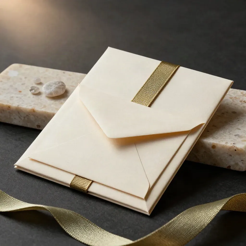 Portfolio d’accompagnement lancement sur travertin, cartes crème et ruban textile doré.