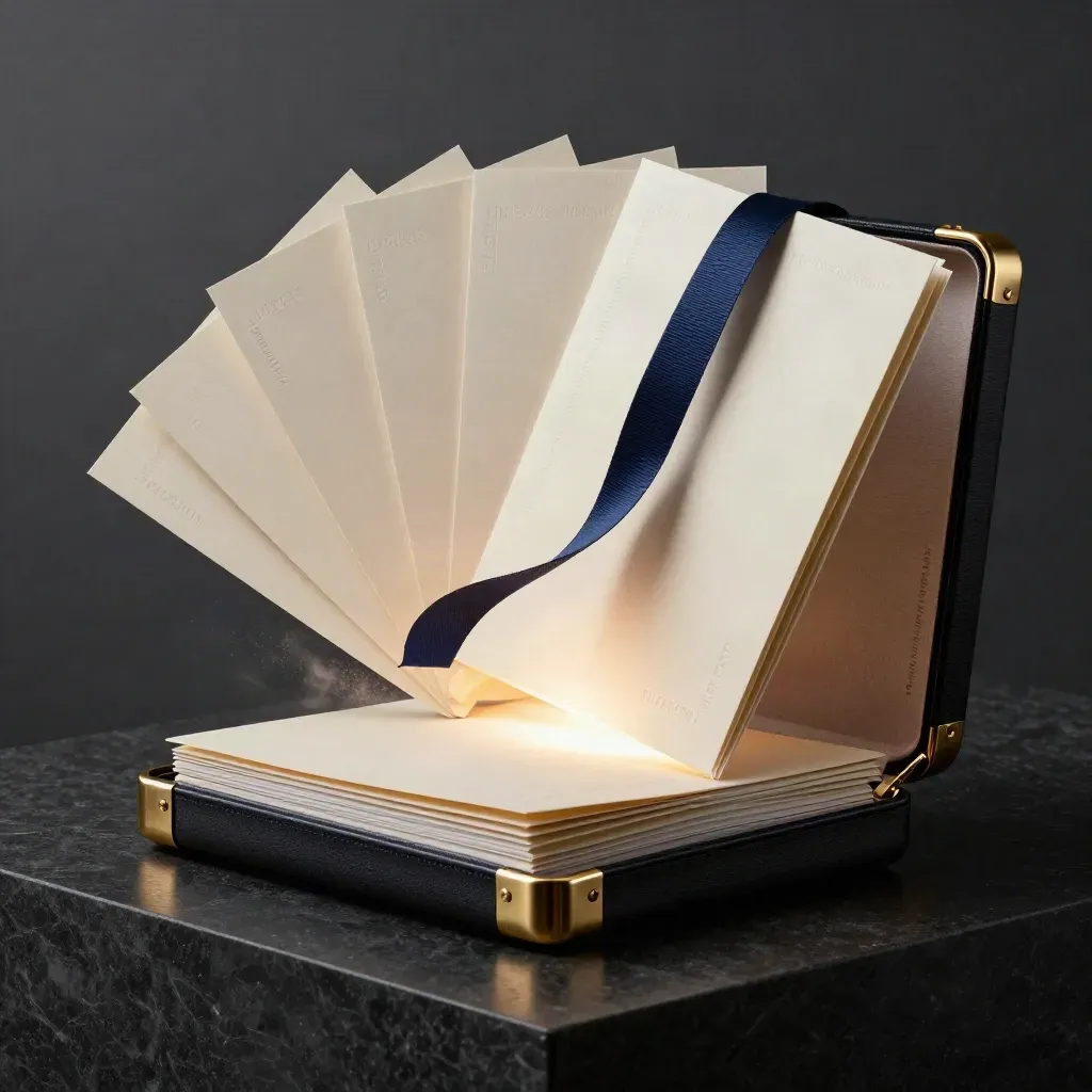 Coffret premium ouvert de dossiers crème et ruban bleu nuit sur fond noir dramatique.