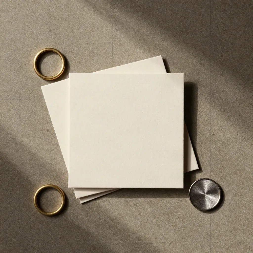 Flatlay d’un pack Direction PME en cartonnage rigide, cartes vierges, anneaux laiton et jeton métal.