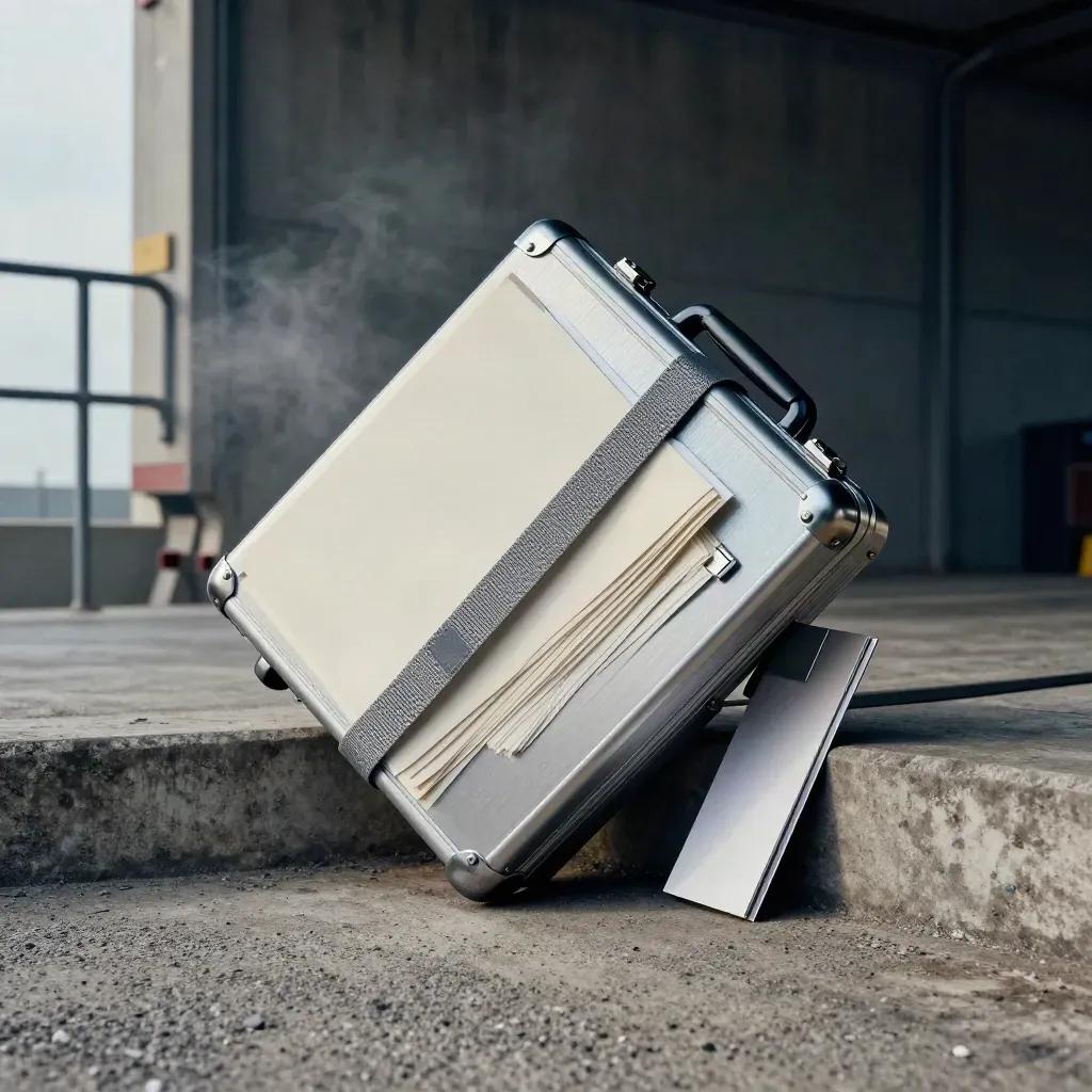 Valise métallique de suivi de projet sur un quai de béton, légèrement basculée, dans une brume légère.