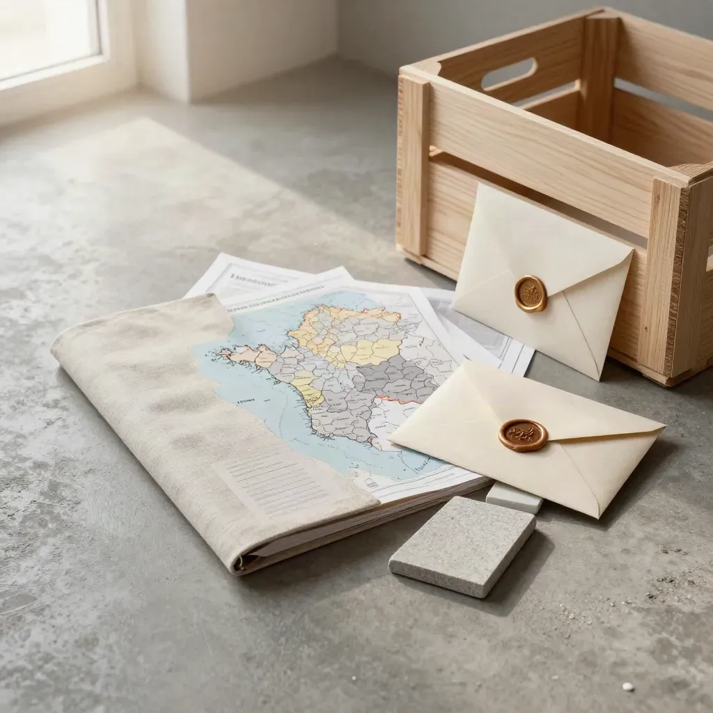 Portefeuille export, cartes régionales pliées, échantillons de pierre et enveloppe scellée près d’une caisse en bois.