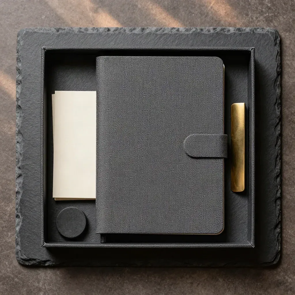 Flatlay d’un coffret de coaching dirigeant avec carnet, cartes neutres, pierre lisse et laiton.