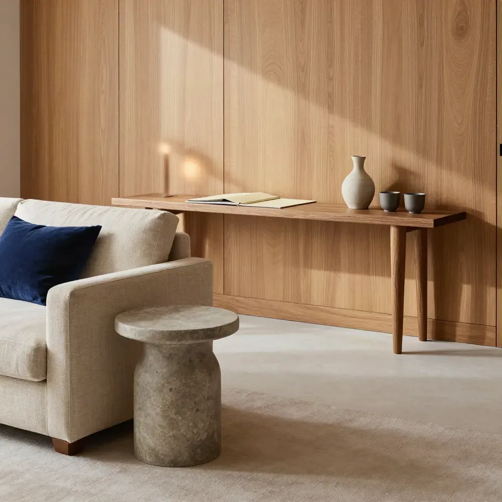 Salon d’hôtel contemporain en bois blond et lin, avec coussin bleu nuit et lumière douce du matin.