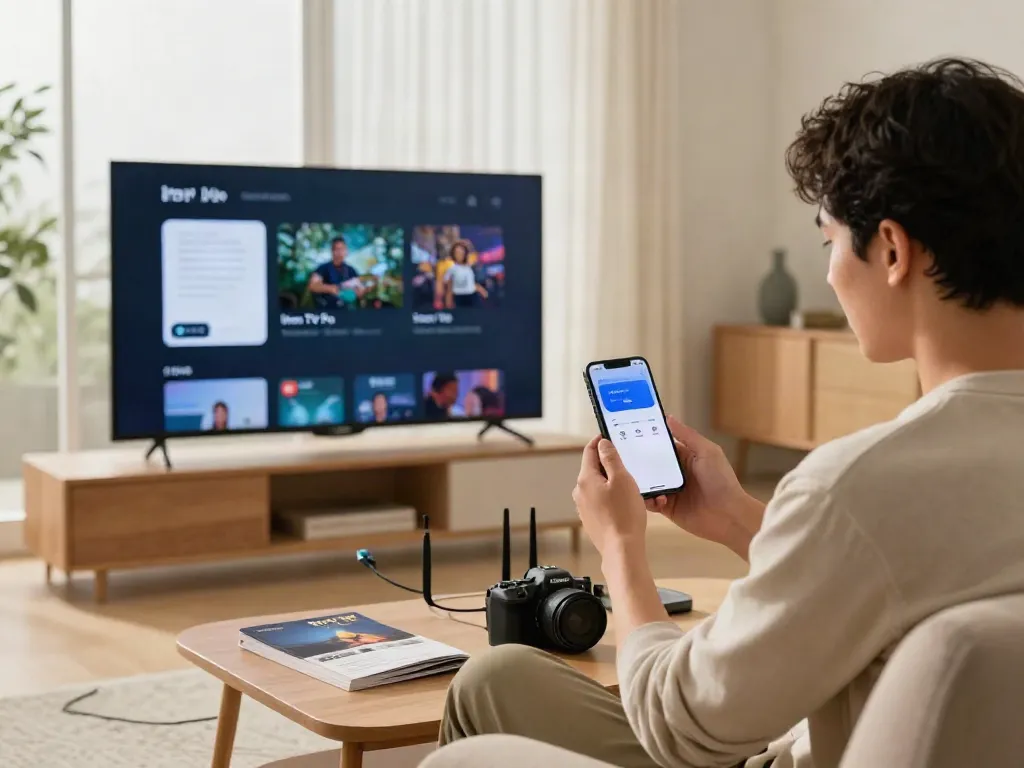 Installation d'Iron TV Pro sur iPhone dans un salon moderne avec une ambiance chaleureuse.