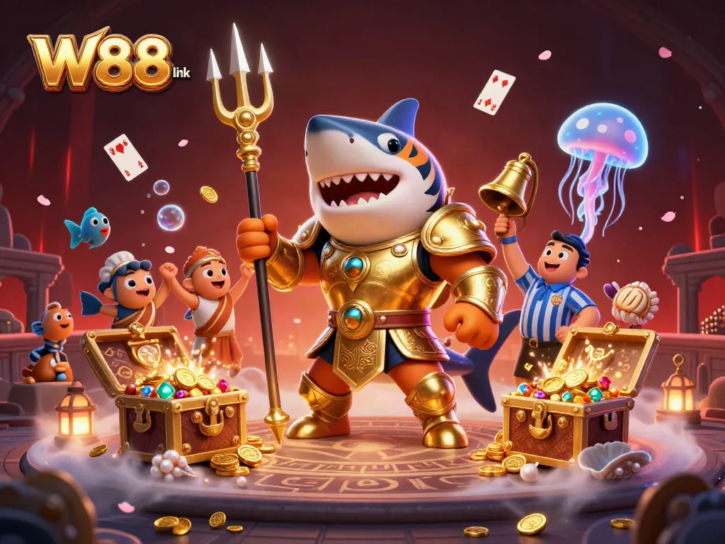 Join the fun at W88 link with a dynamic underwater casino gaming scene featuring a shark in gladiator armor!