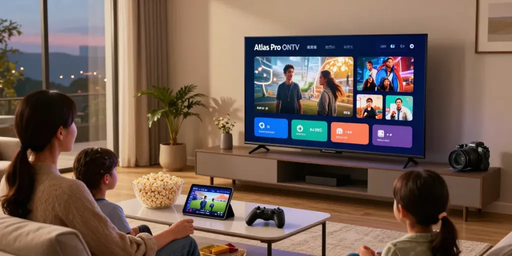Profitez de l'application atlas pro ONTV pour une soirée cinéma en famille dans un salon moderne.