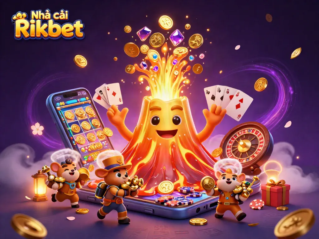 Engage with Nhà cái Rikbet as the golden volcano erupts coins and treasures in a vibrant casino scene.