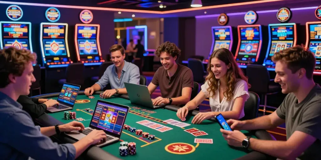 Scène de jeu en ligne dynamique avec des joueurs profitant de bonus sans dépôt casino dans un environnement de casino moderne.