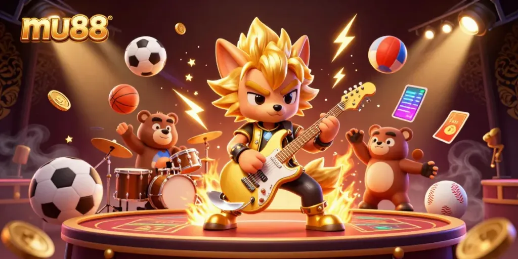 Experience the thrill of mu88 online gaming with a vibrant cartoon scene featuring energetic characters.