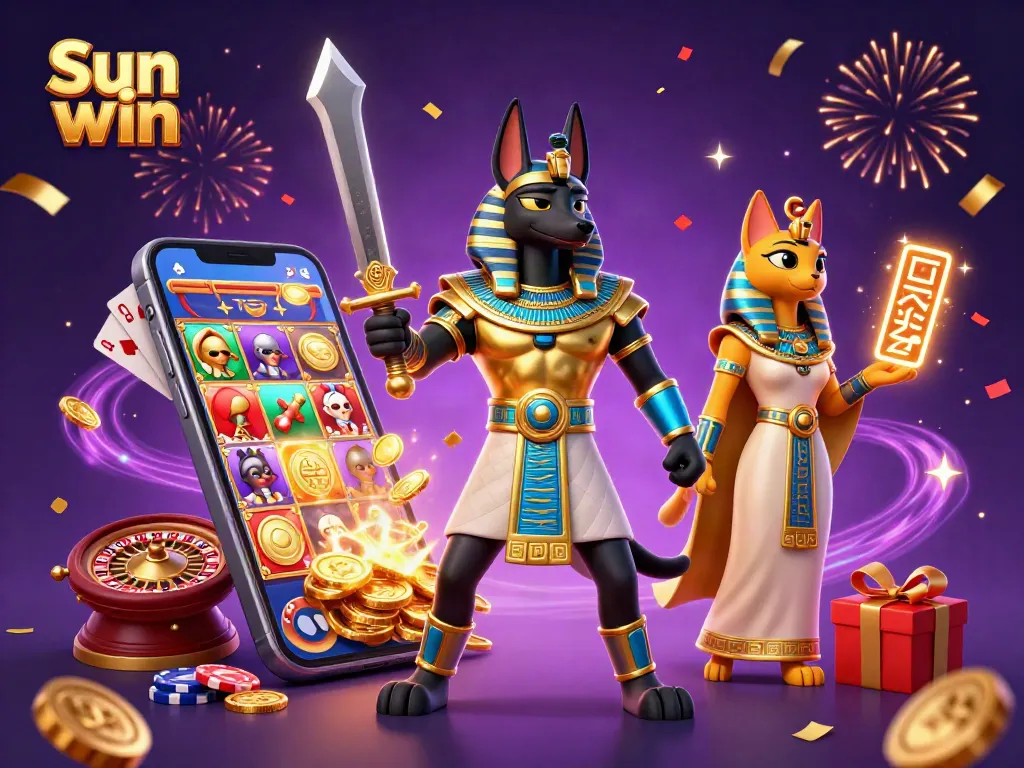 Sun win casino thematic illustration showcasing Anubis and Bastet in vibrant gameplay action.