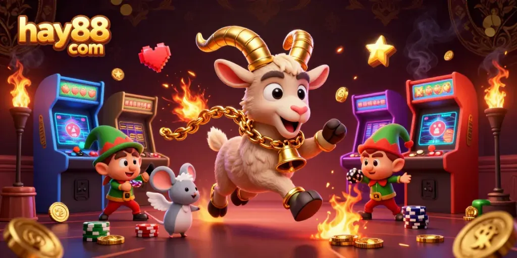 Experience exciting games at hay88 com with a Krampus goat overseeing a chaotic casino scene.