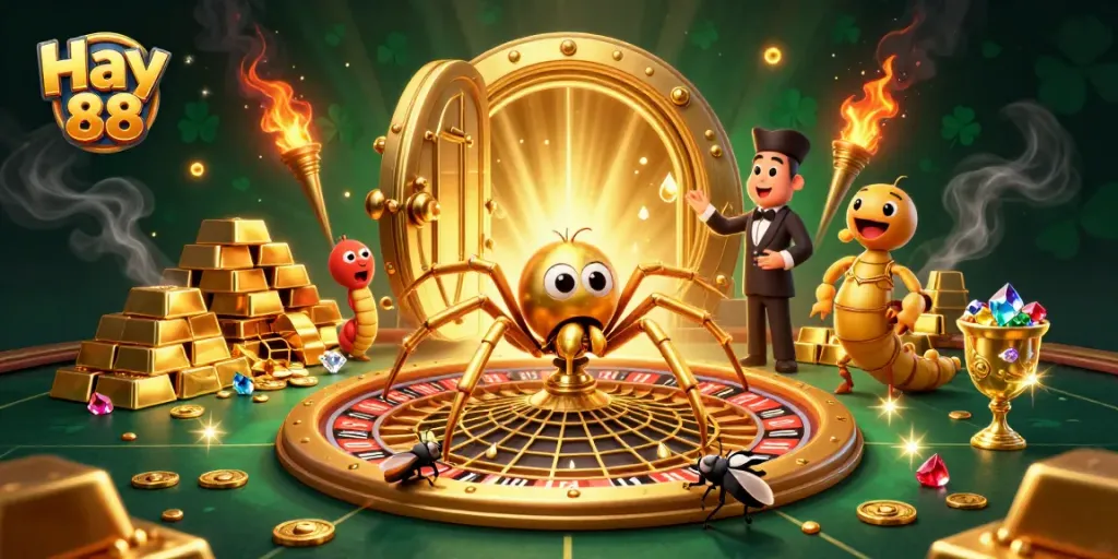 Experience the thrill of Hay 88 with a cartoon spider and croupier in a vibrant casino setting.
