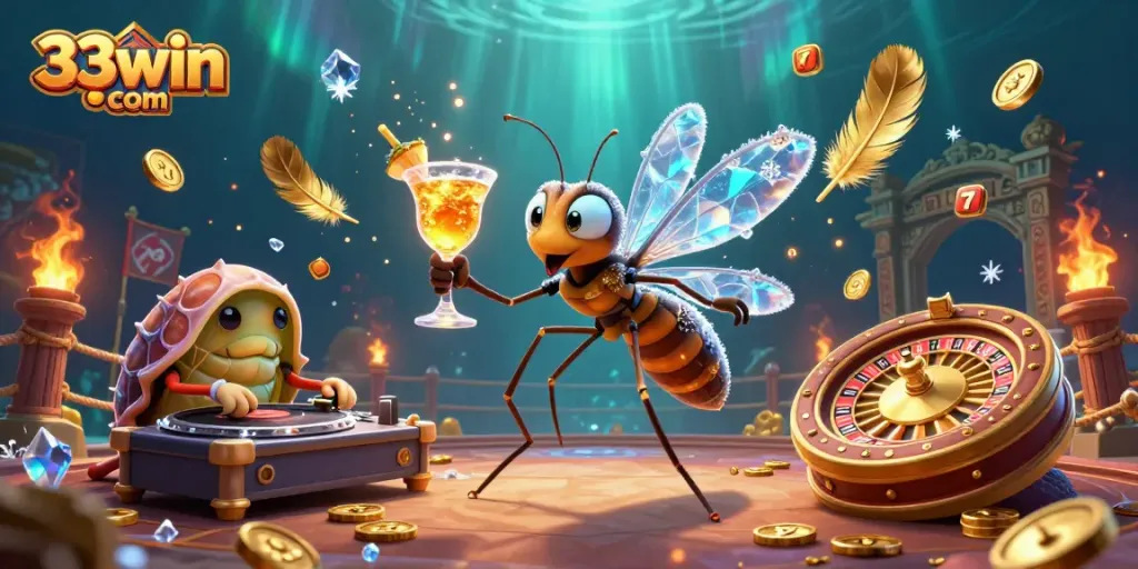 Engage with exciting casino action at 33win com featuring vibrant games, golden cocktails, and thrilling atmosphere.