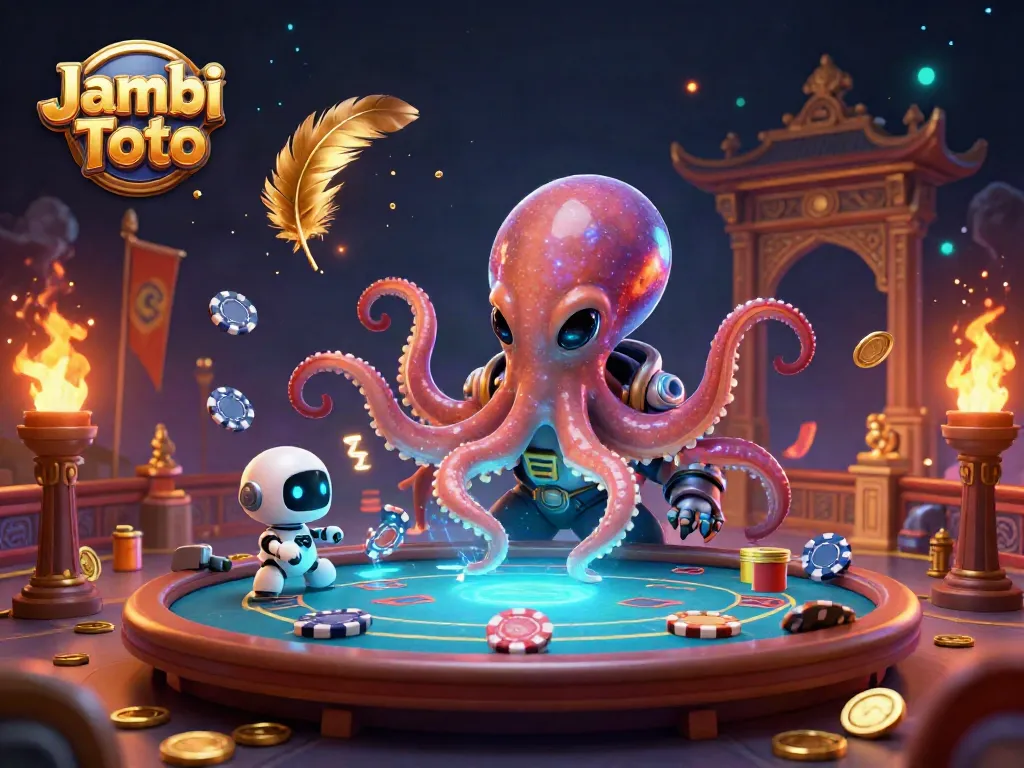 Enjoy thrilling gameplay at Jambi Toto with characters engaging in a vibrant holographic poker game among celestial delights.